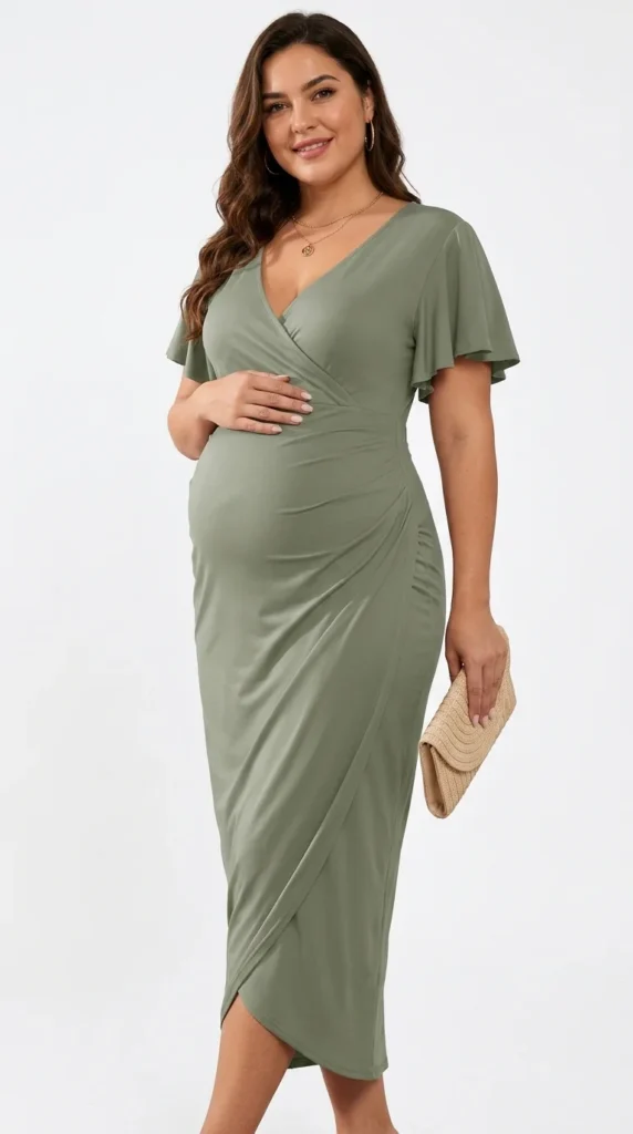 1. AISWI V-Neck Ruffle Sleeve Wrap Maternity Dress