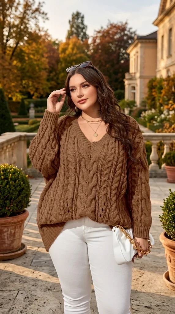 1. Dyexces Women Plus Size Cable Knit V-Neck Sweater Tunic