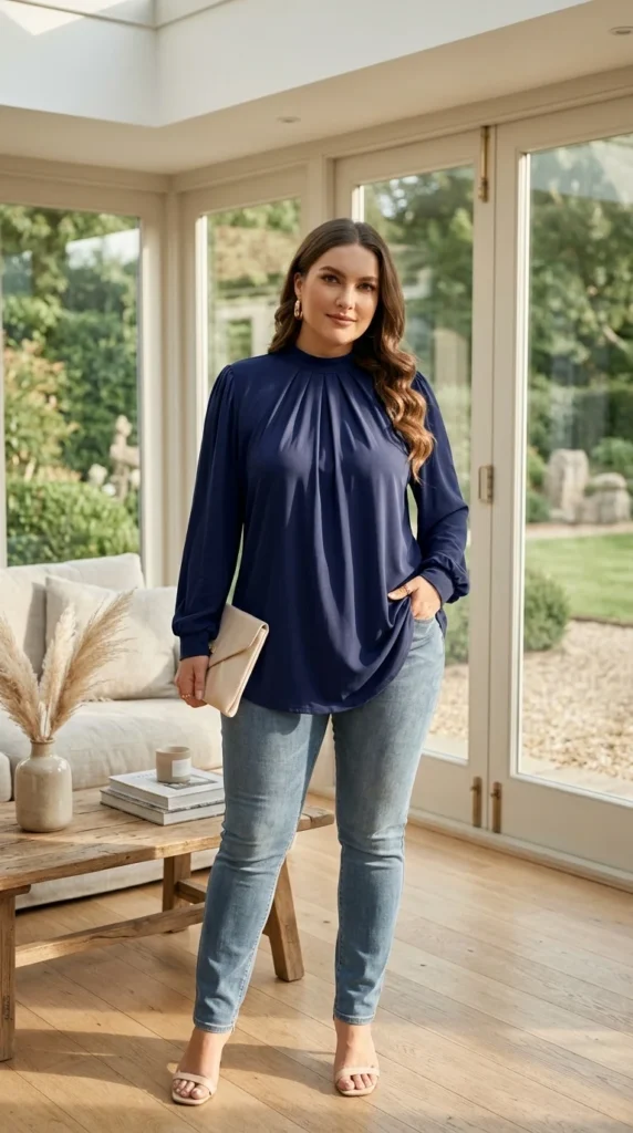 1. Elegant Pleated Mock Neck Blouse