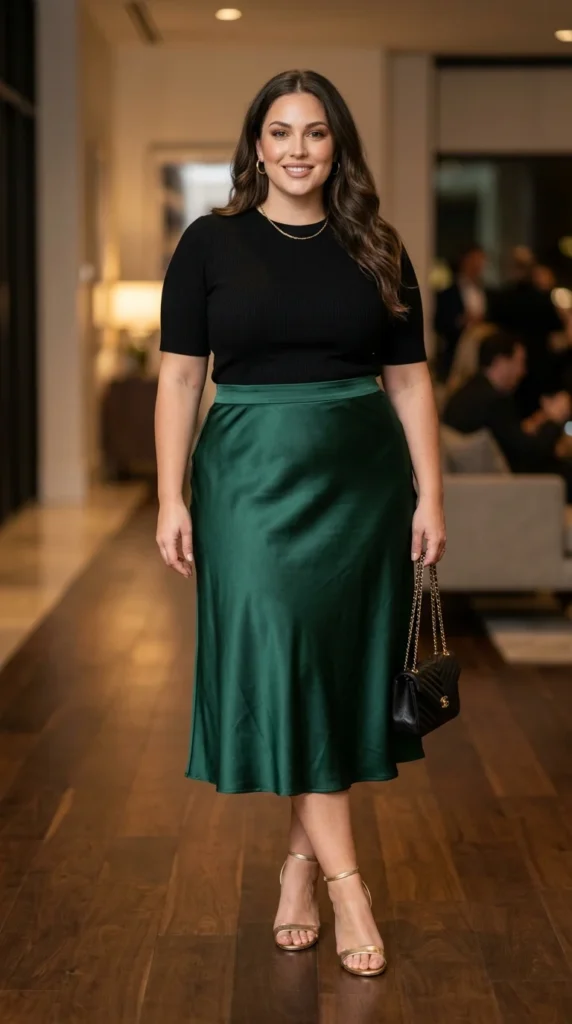 1. Satin Midi Skirt and Fitted Top Outfit