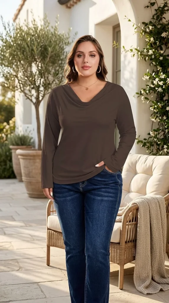 1. The Elegant Cowl Neck & Tailored Trouser Combo