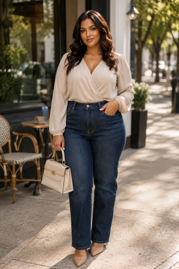 1. V-Neck Blouse With Straight-Leg Jeans