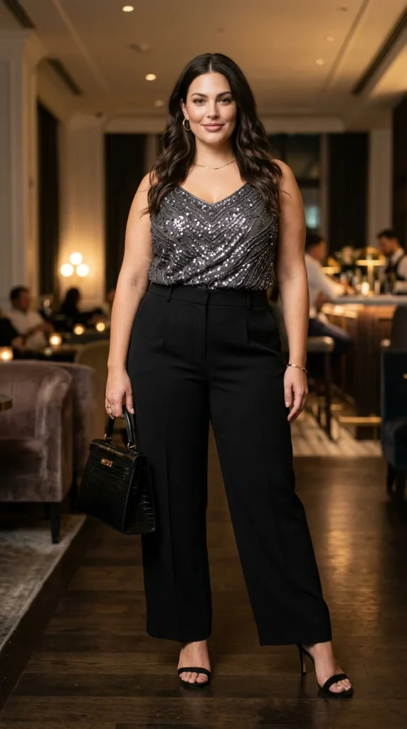 10. Sequin Top and Relaxed Trousers Outfit