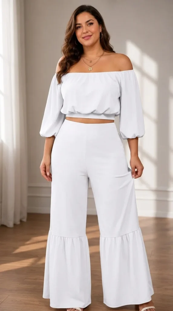 10. Two-Piece Off-Shoulder Crop Top and Wide-Leg Ruffle Pant Set