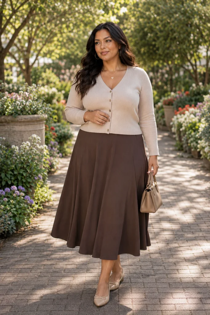 11. A-Line Midi Skirt With A Fitted Cardigan
