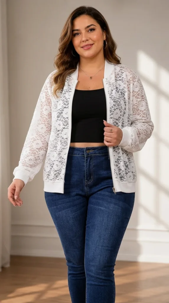 11. Sheer Floral Lace Zip Bomber Jacket