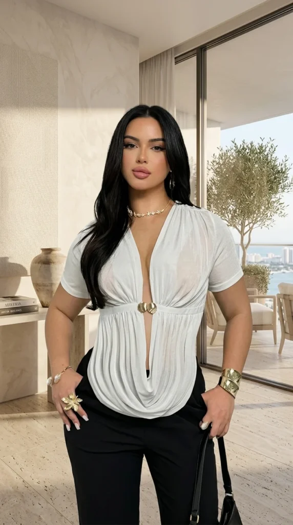 12. Draped Deep V-Neck Metal Decor Short Sleeve Party Top