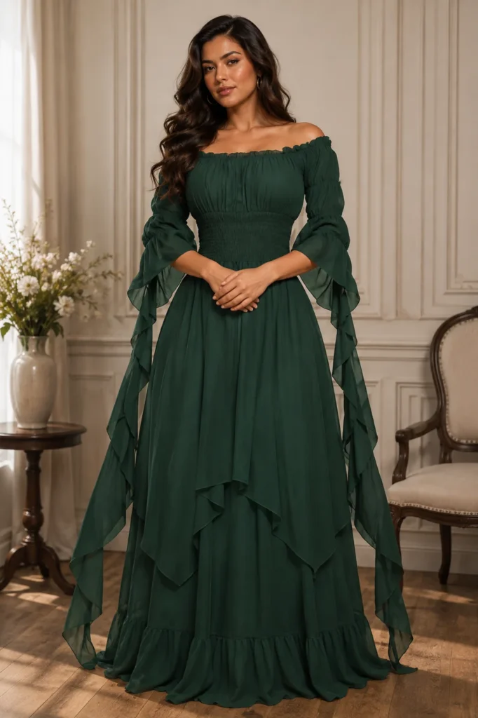 12. YEAXLUD Victorian Puff Sleeve Off-Shoulder Ruffle Dress