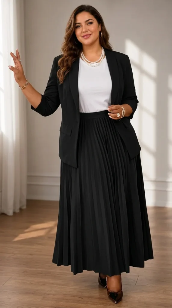 13. Open Front Blazer & Pleated Maxi Skirt 2 Piece Suit