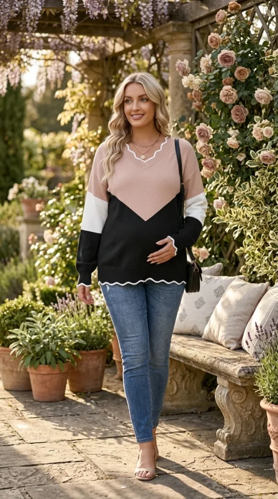 2. INVOLAND Women Plus Size V-Neck Wave Trim Pullover Top