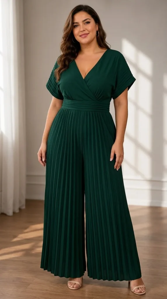 2. Pleated Wide-Leg V-Neck Casual Dressy Jumpsuit