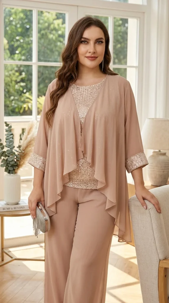2. Plus Size 3 Piece Pantsuit Sequin Set with Chiffon Jacket