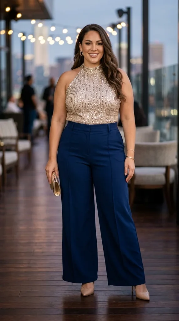 2. Wide-Leg Pants and Sparkly Top Outfit
