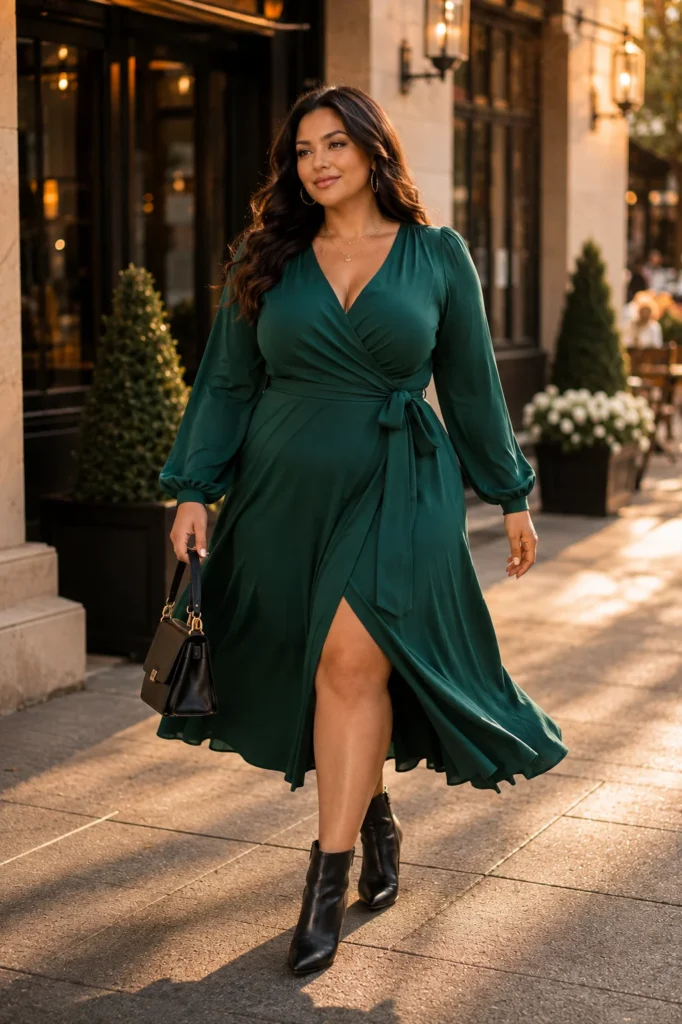 2. Wrap Dress With Ankle Boots