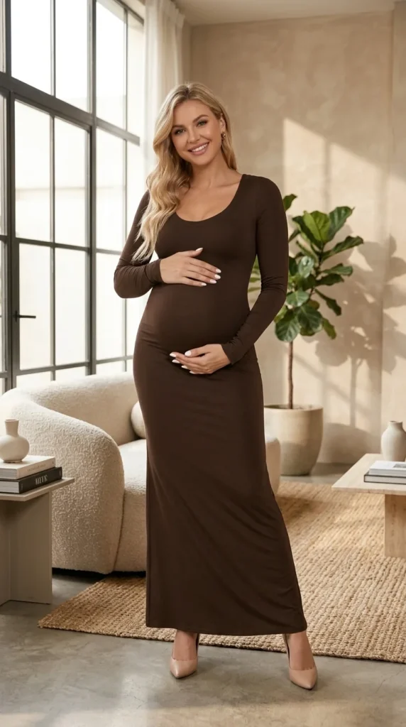 2. Yousify Long Sleeve Slim Fit Scoop Neck Maternity Maxi Dress