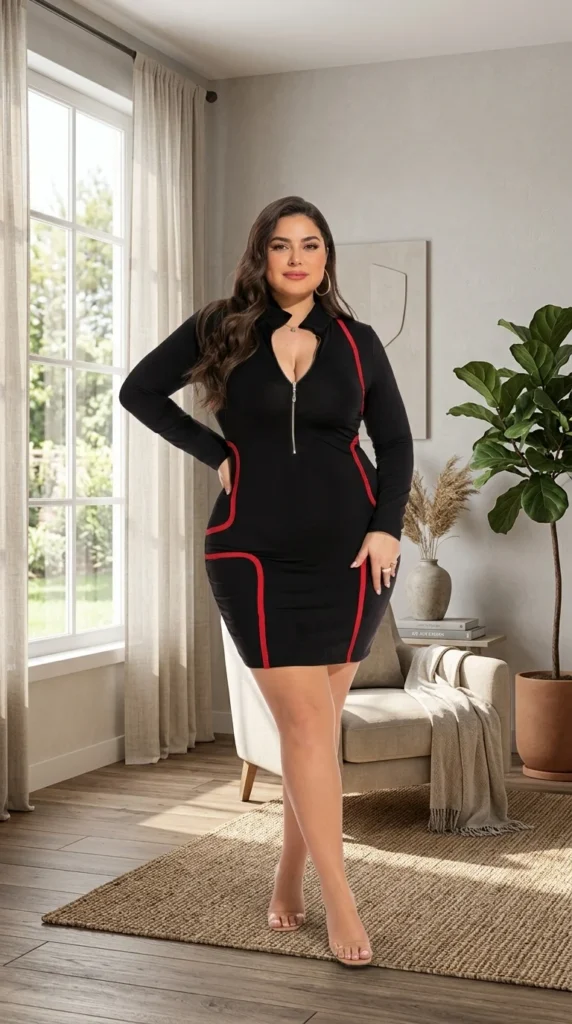 3. Front Zip Long Sleeve Bodycon Club Mini Dress