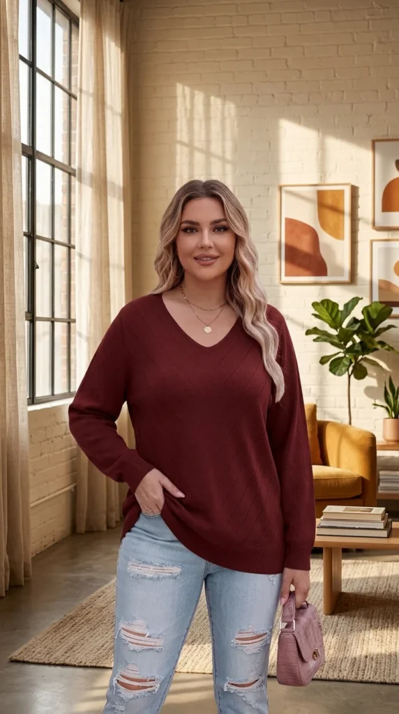 3. HDLTE Plus Size V-Neck Casual Knit Sweater Top