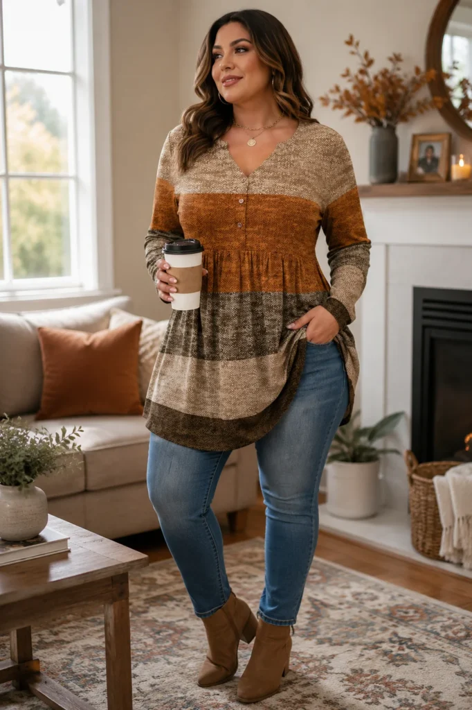 3. INVOLAND Long Sleeve Henley Babydoll Flowy Blouse