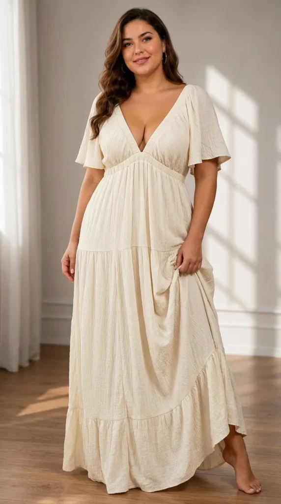 3. Kikibell Sexy V-Neck Tiered Flutter Sleeve Maxi Dress