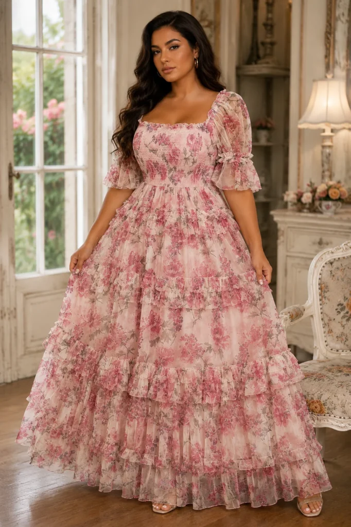 3. Regency Era Floral Mesh Regency Dress