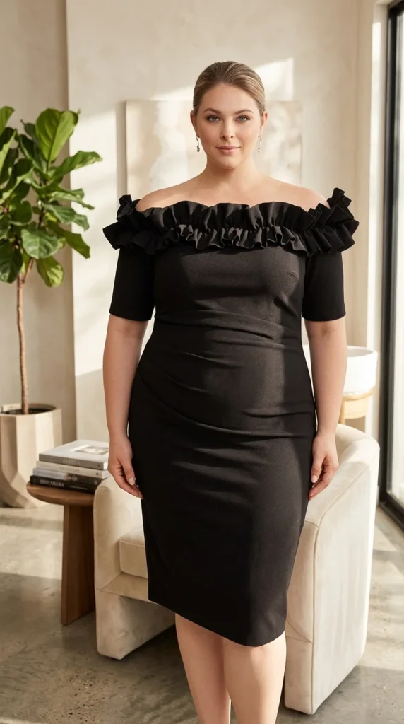 3. Xscape Womens Knee-Length Off-The-Shoulder Ruffled Neckline Dress