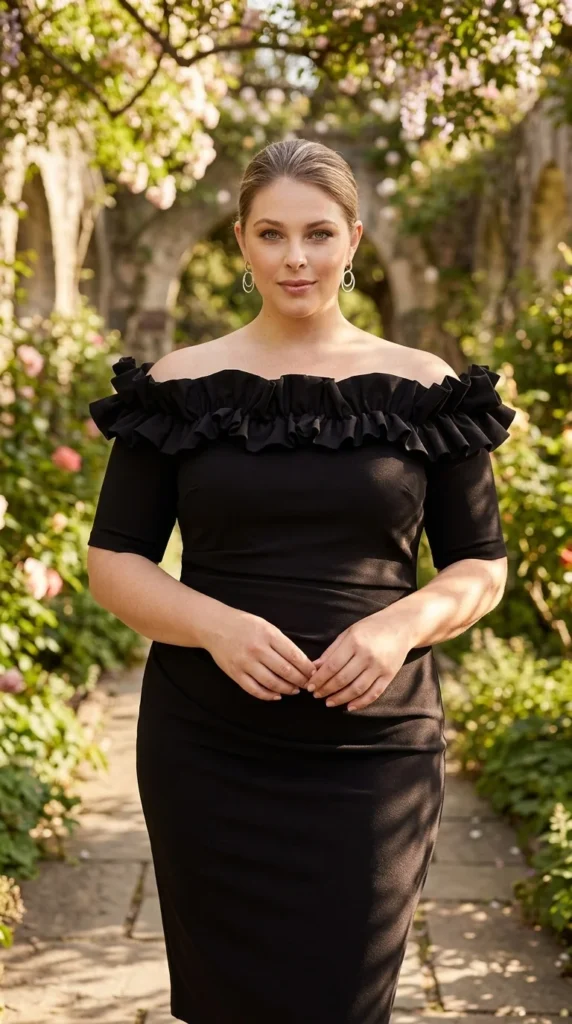 3. Xscape Womens Plus Off-The-Shoulder Ruffled Dress