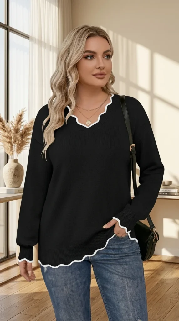 4. INVOLAND Women Plus Size Dressy Wave Trim Knit Sweater