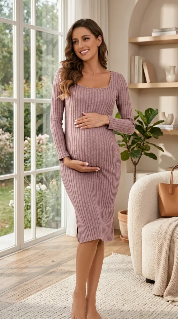 4. LAHILO Long Sleeve Knit Ribbed Maternity Sweater Dress