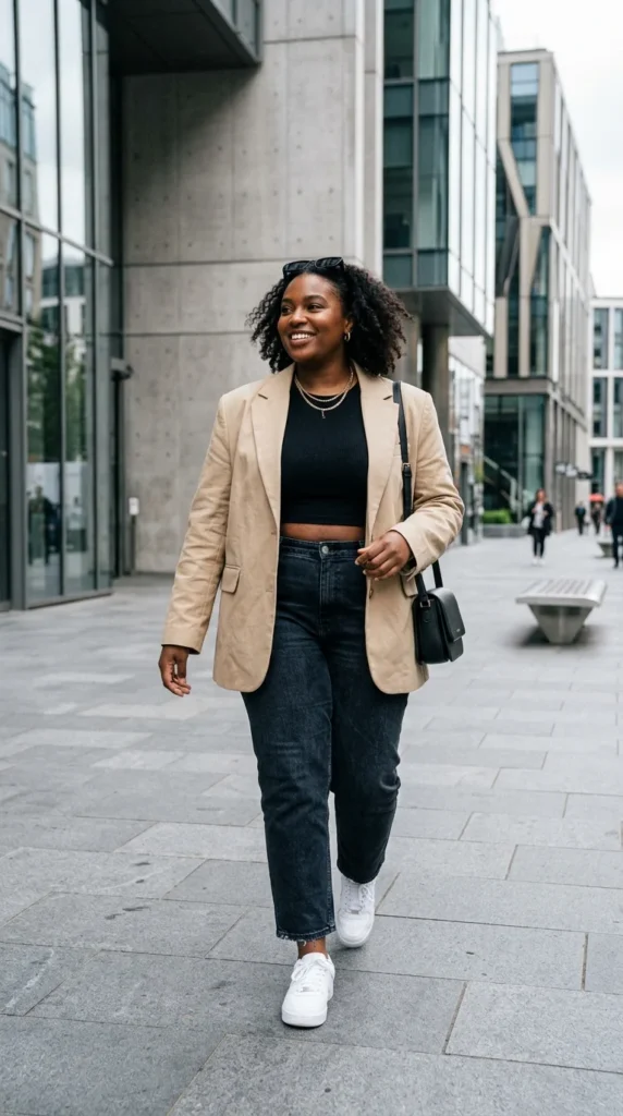 4. Layered Crop Top with an Open Blazer