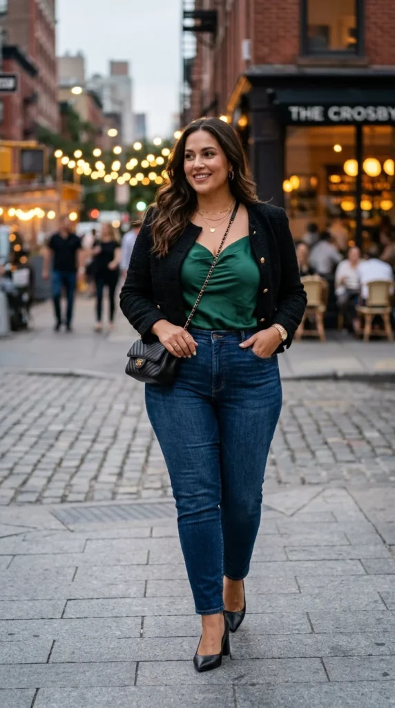 4. Plus Size Jeans and Satin Cami Outfit