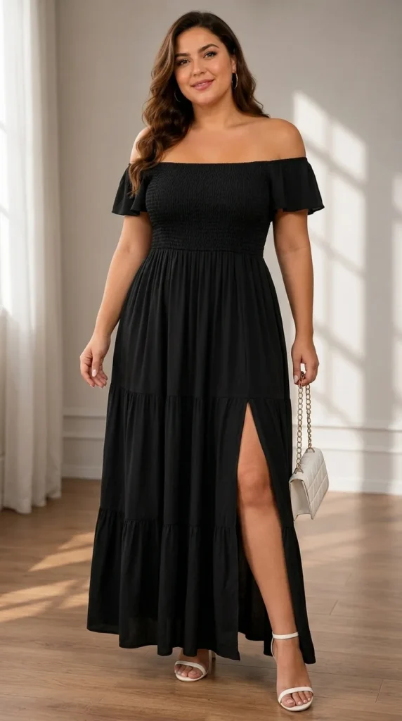 4. The Hollywood Glam Off-Shoulder Split Maxi