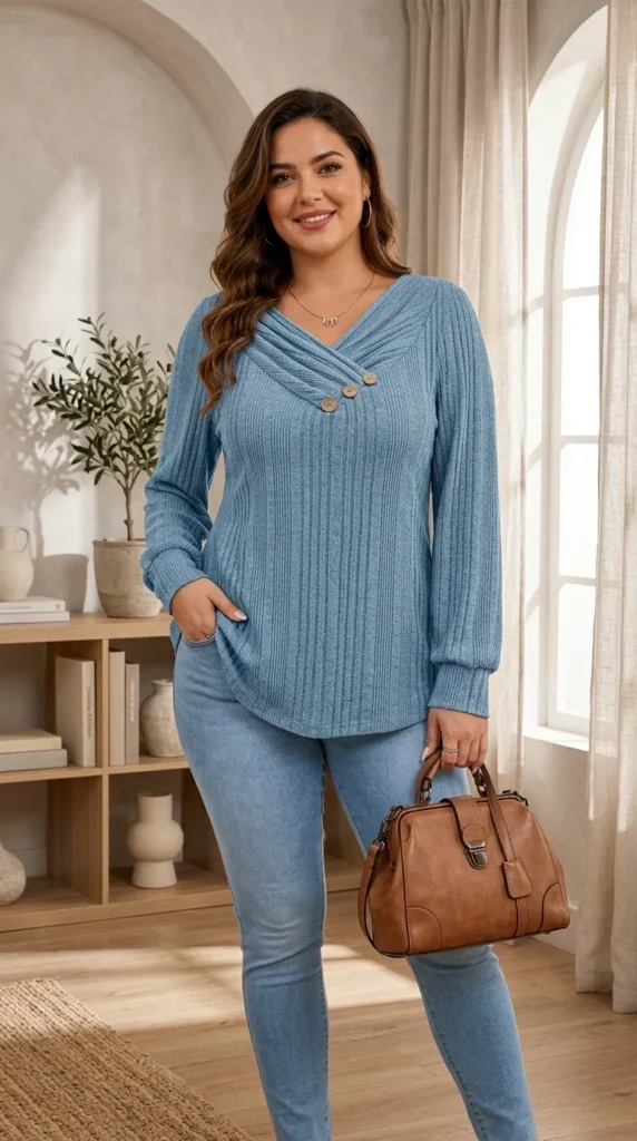 5. Womens Plus Size Dressy Casual V-Neck Sweatshirt Pullover
