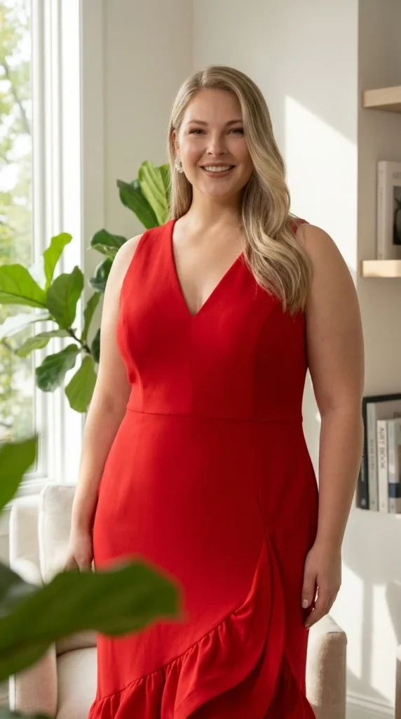 6. Betsy & Adam V-Neck Hi-Low Ruffle Scuba Crepe Dress