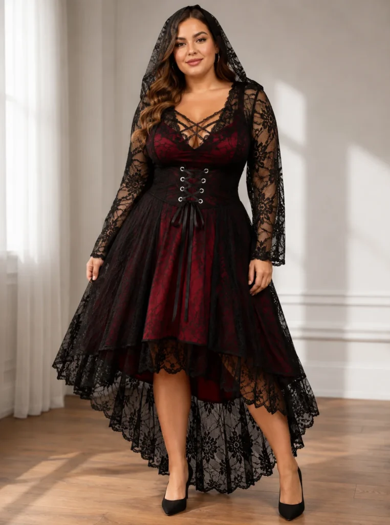 6. ROSE GAL Gothic Lace Hooded 2-Piece Witch Dress
