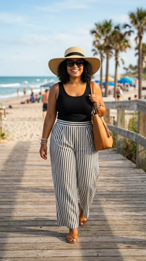 6. Vertical Striped Wide-Leg Pants with Fitted Tank Top