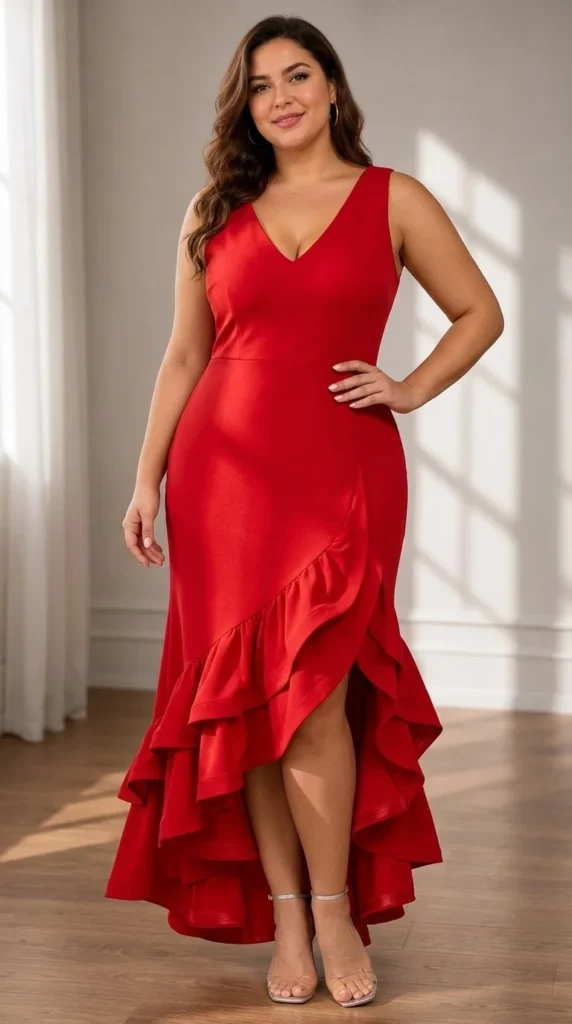7. Betsy & Adam V-Neck Hi-Low Ruffle Scuba Crepe Dress