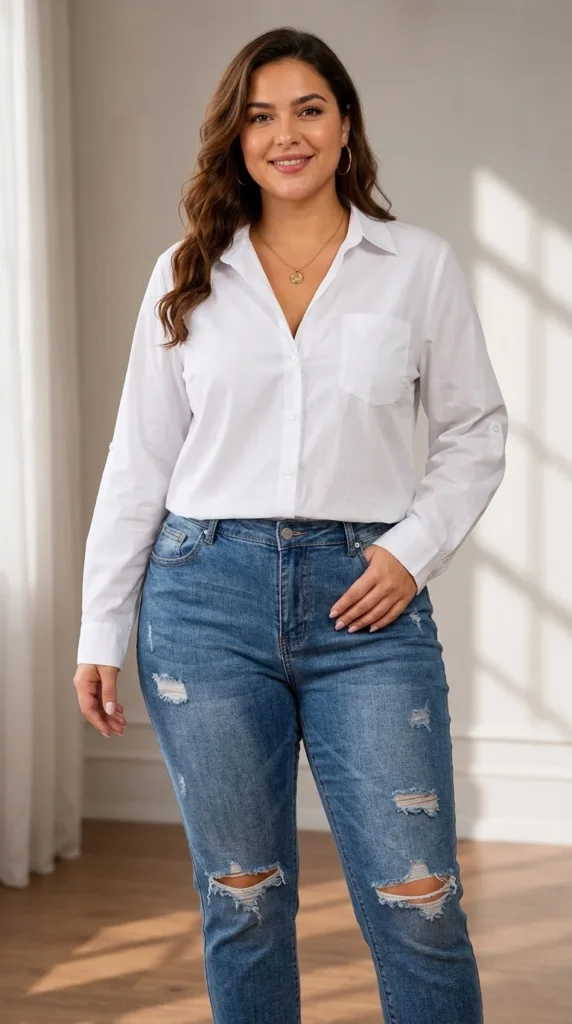 7. Dressy Button-Down Casual V-Neck Outfit