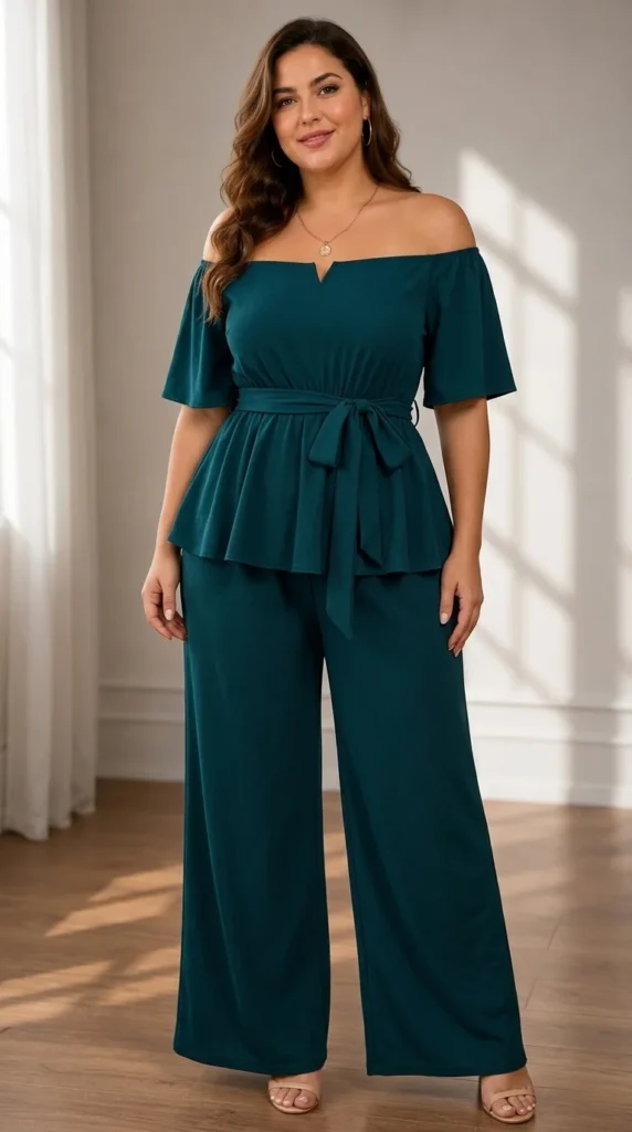 7. Off-the-Shoulder Peplum Top & Wide-Leg Pant Set