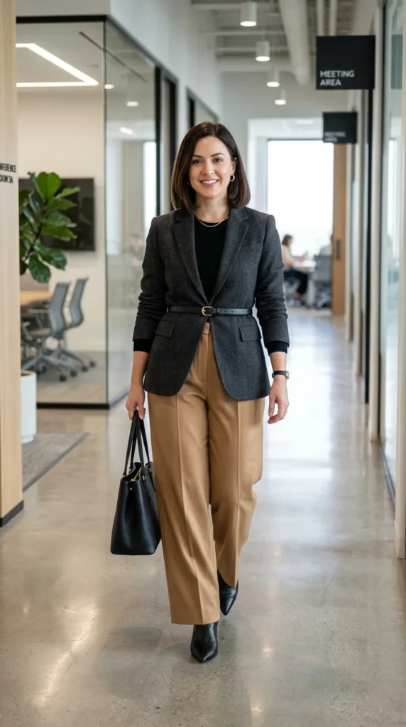 7. Pleated Wide-Leg Trousers with Belted Blazer