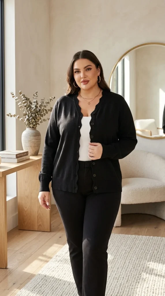 7. TIANZHU Plus Size Ribbed Wave Edges Cardigan Sweater