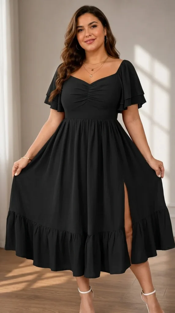 7. The Sweetheart Smocked Ruffle Slit Maxi