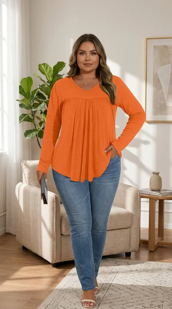 8. Plus Size Long Sleeve V-Neck Tunic Top