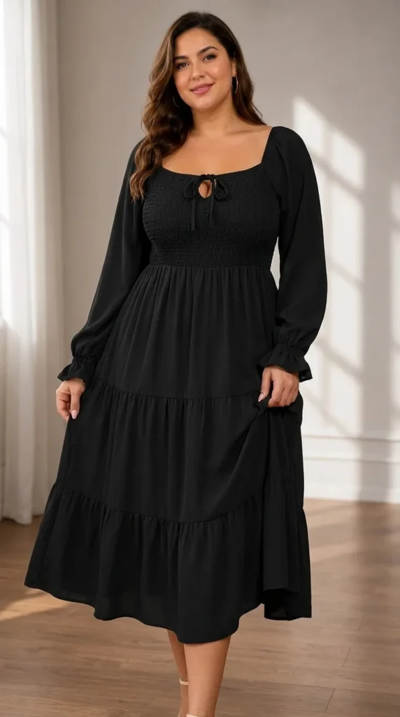 8. The Square Neck Smocked Long Sleeve Formal Maxi