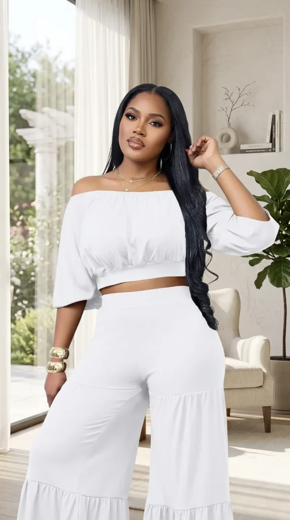 9. Two-Piece Off-Shoulder Crop Top & Wide-Leg Ruffle Pant Set
