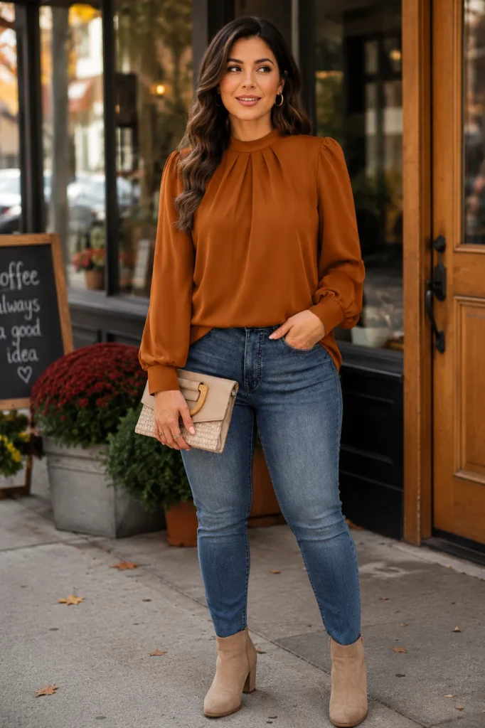 9. WIHOLL Mock Neck Pleated Front Dressy Blouse