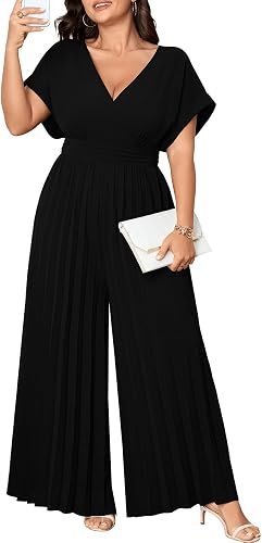 SCOMCHIC Plus Size Pleated Wide Leg V-Neck Jumpsuit