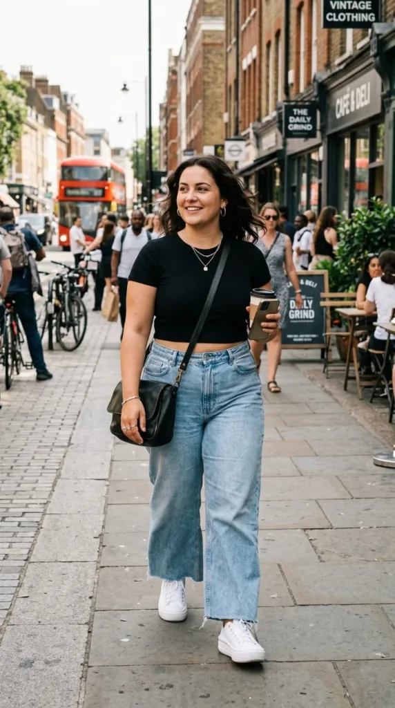 1. Fitted Crop Tops and High-Rise Denim
