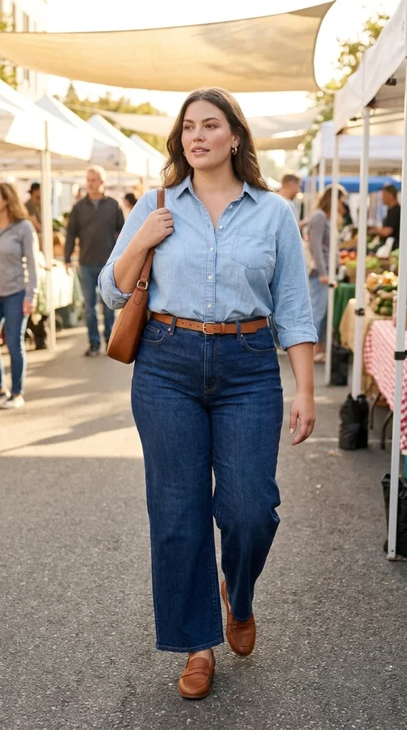 10. Wide-Leg Jeans + Denim Shirt for a Denim-on-Denim Look