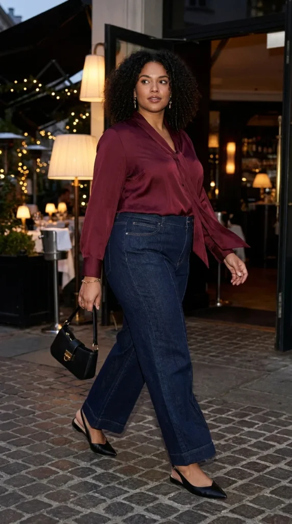 11. Wide-Leg Jeans + Feminine Blouse + Pointed Shoes