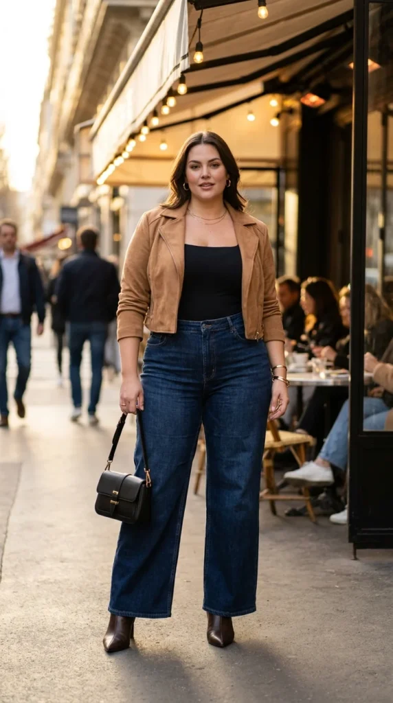 2. Wide-Leg Jeans + Bodysuit + Cropped Jacket